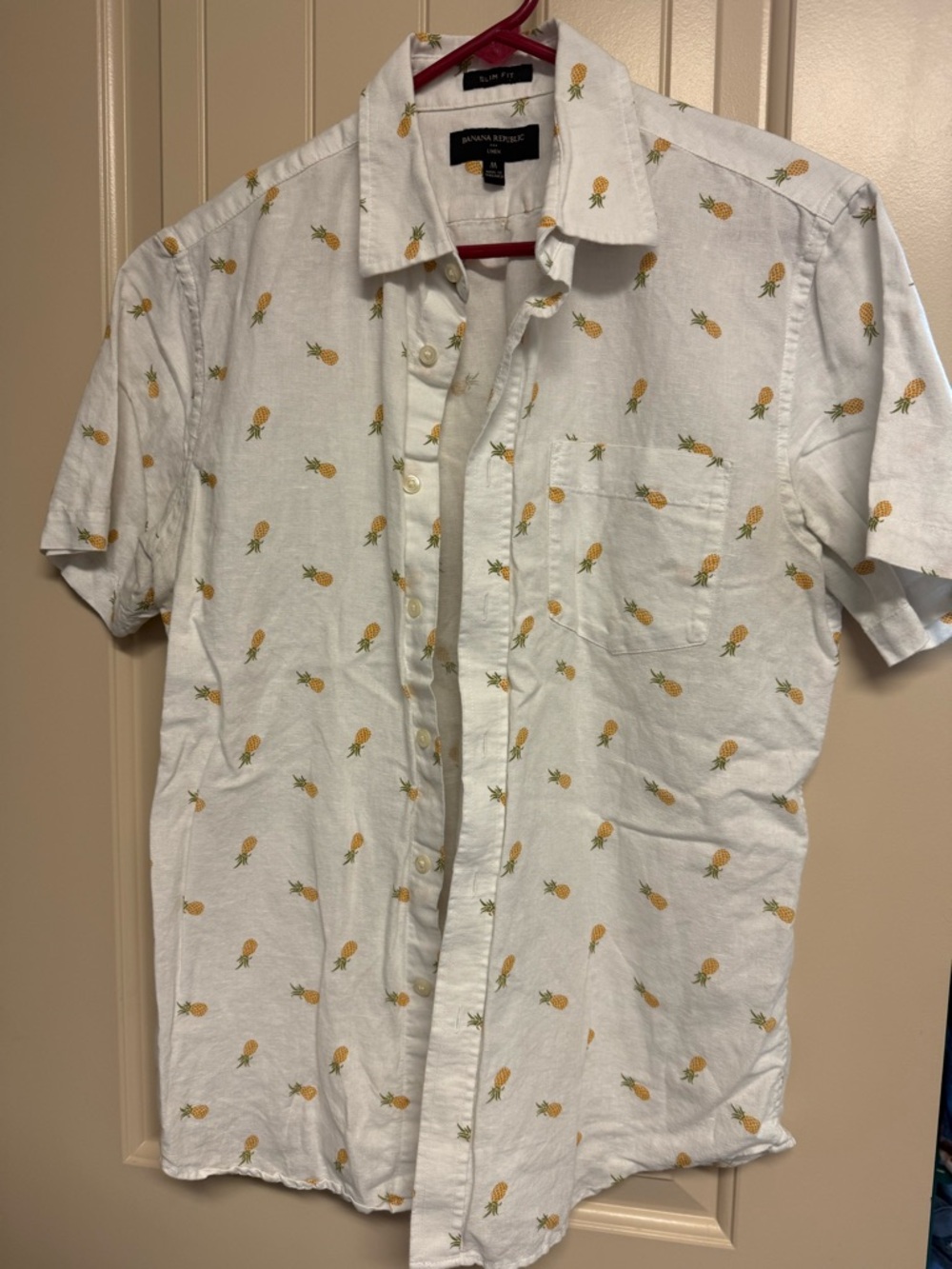 Banana Republic White Short-Sleeve Button-Up Shirt with Yellow Pineapple Print